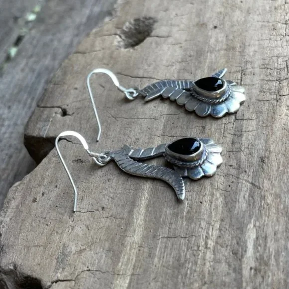 Vintage Old Pawn Native American Sterling Silver Onyx Dangle Drop Earrings - Picture 11 of 12